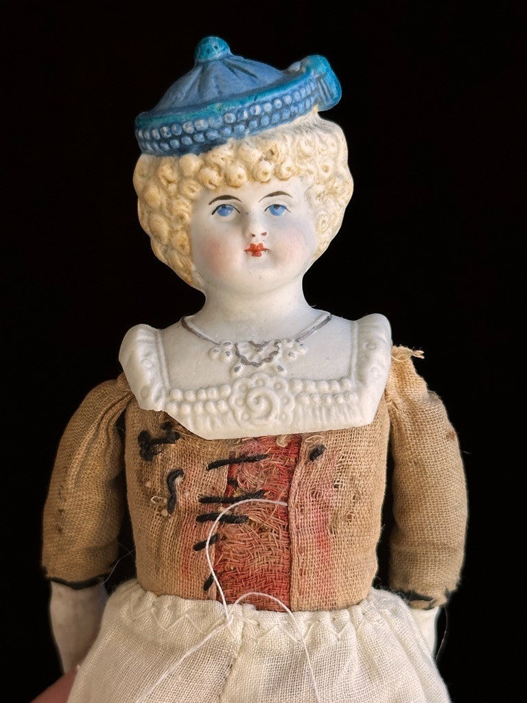 Antique German Hertwig Cabinet Size 8” Bisque Molded Shoulder Plate and Hat Doll