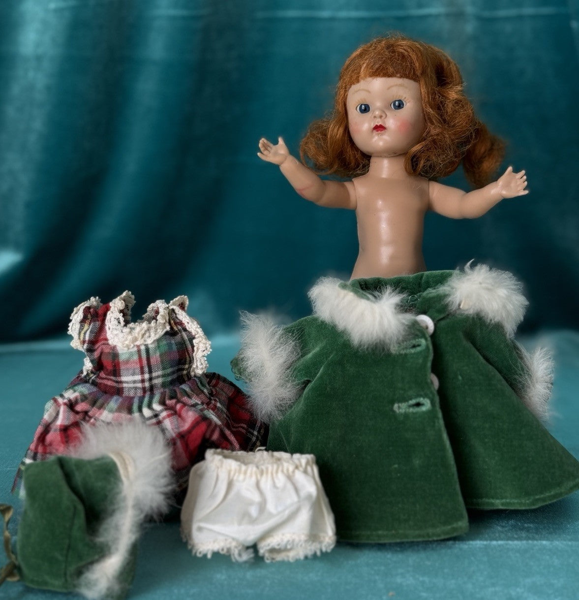 Vintage 1950’s Vogue Hard Plastic SLW Ginny Doll Green Fur Trimmed Coat Outfit
