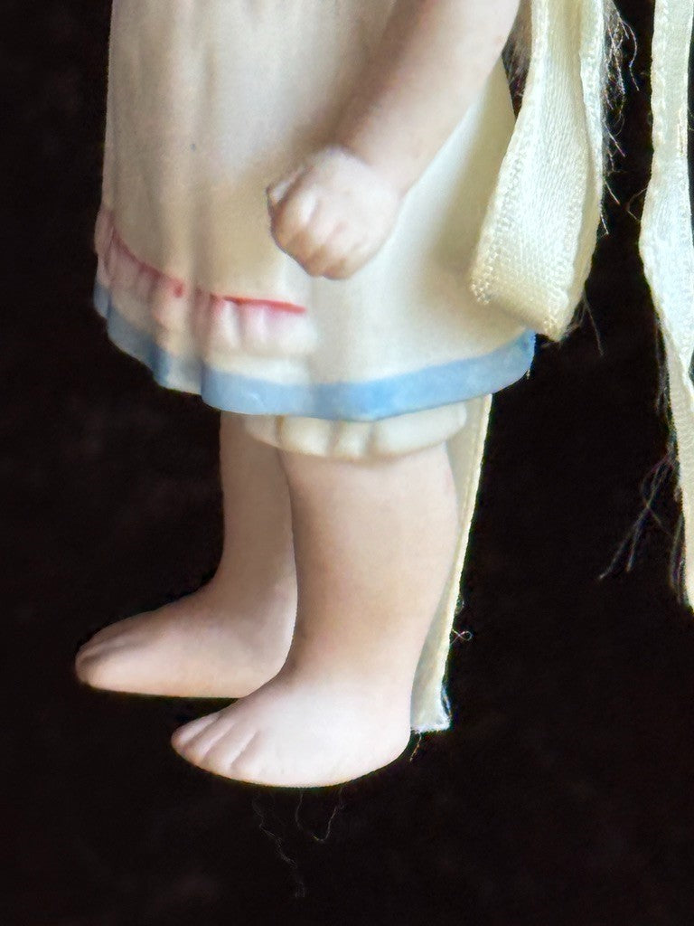 Lot of 2 Antique German 4" All Bisque Miniature Dollhouse Dolls Molded Dresses