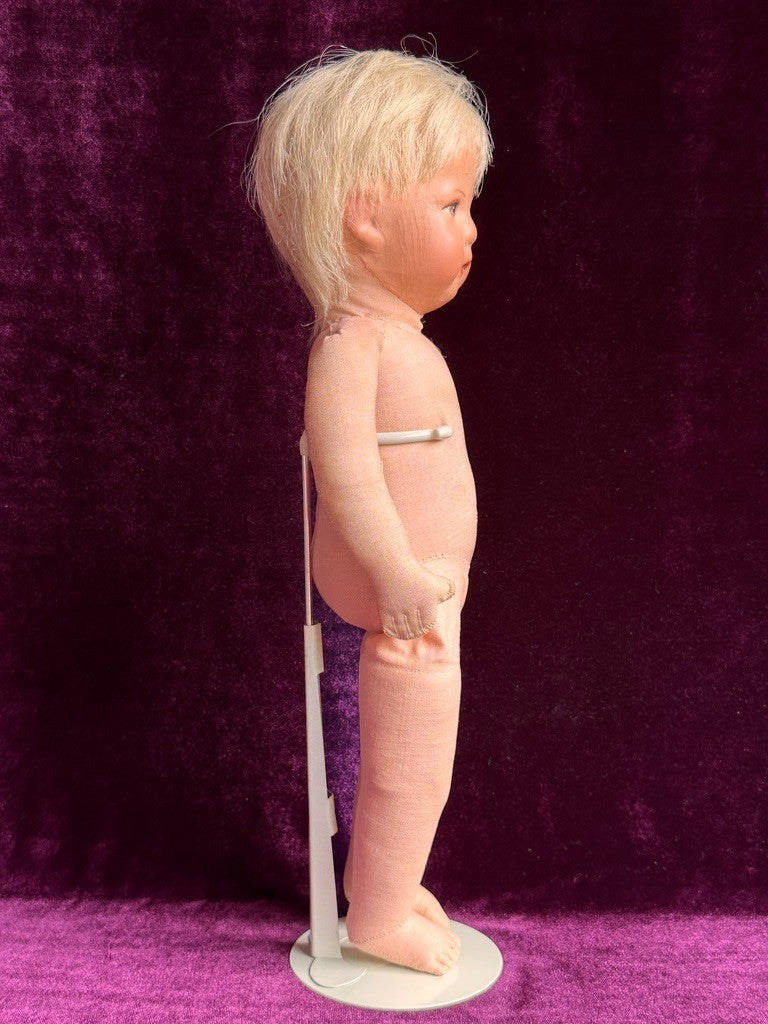 Antique German 14.” Early Kathe Kruse Hampelchen Cloth Doll Human Hair Wig