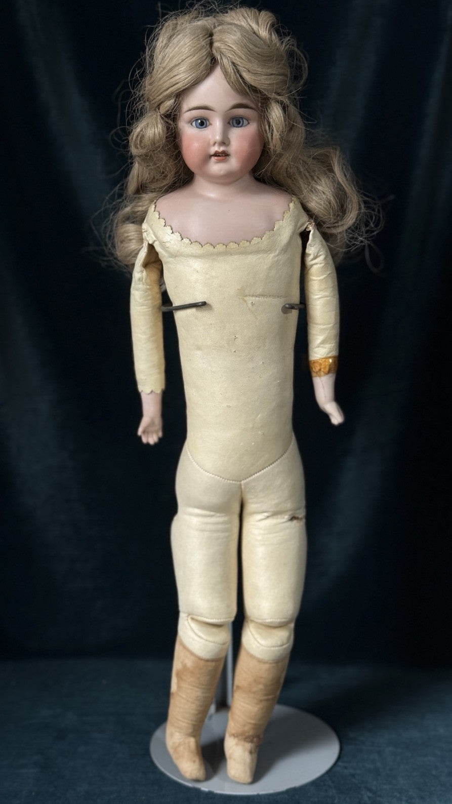 Unidentified Mold 21 7 Dep Antique German 20” Doll Bisque Head Leather Kid Body