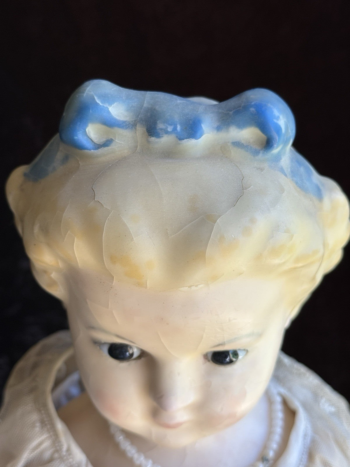 Large Antique German 30” Wax Over Papier Mache Alice Molded Bow Doll