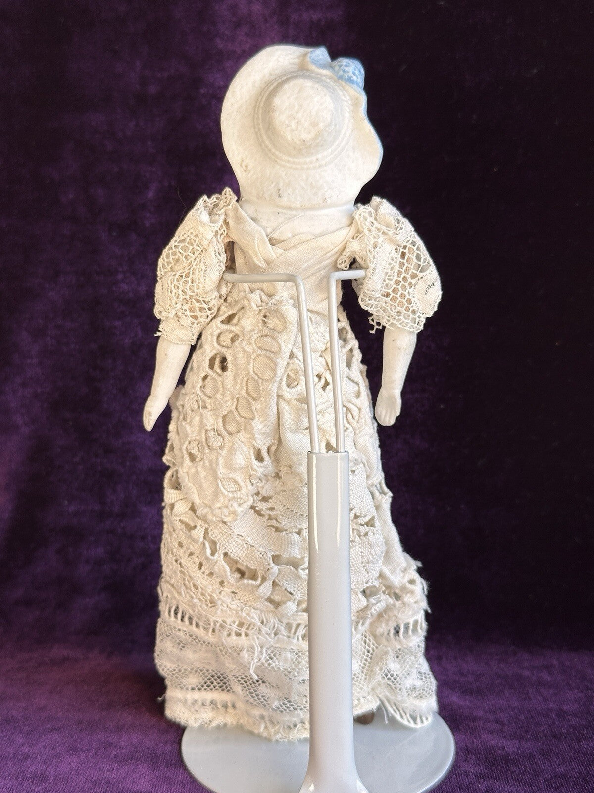 Antique German Miniature  7.5” Hertwig Molded Hat Parian Bisque Head China Doll