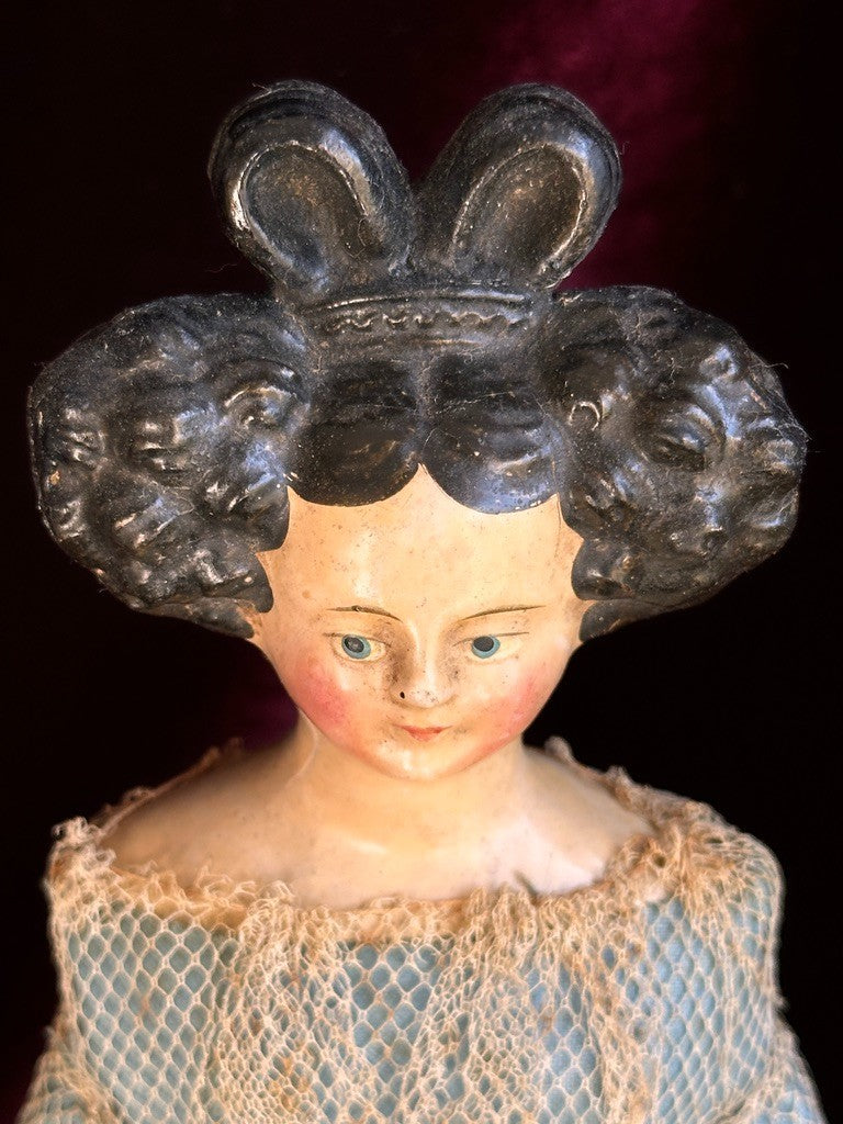 Antique German 12.75” Papier Mache Milliner’s Model Apollo Knot Coiffure Doll