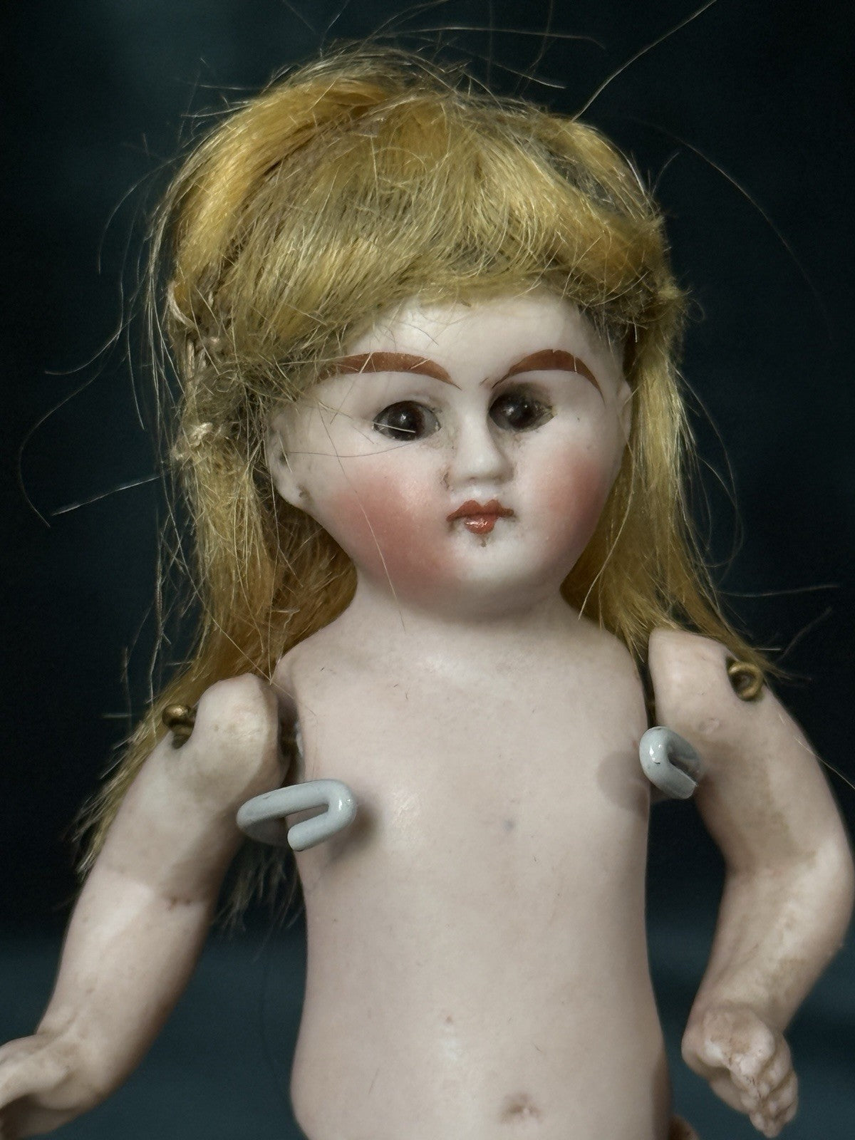 Antique German 4” All Bisque Mignonette Dollhouse Doll Unusual Green Boots