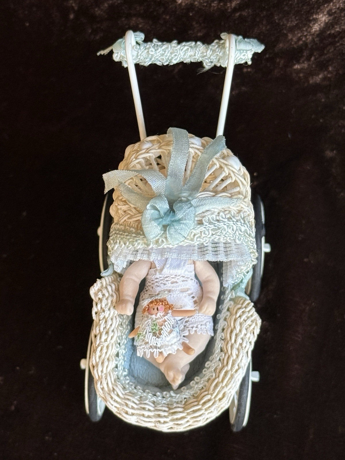 Lot of Miniature Dollhouse Buggy and Porcelain Baby Doll