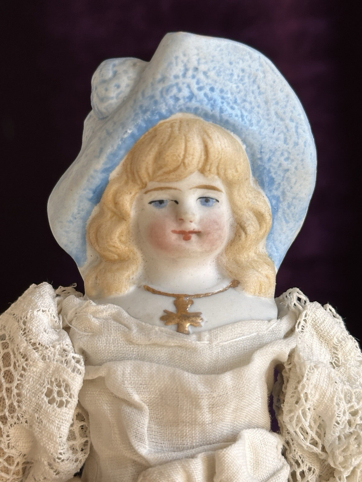 Antique German Miniature  7.5” Hertwig Molded Hat Parian Bisque Head China Doll