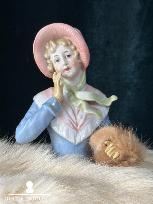 Unidentified Antique German 4.5” Pin Cushion Half Doll Arms Away With Fur Muff