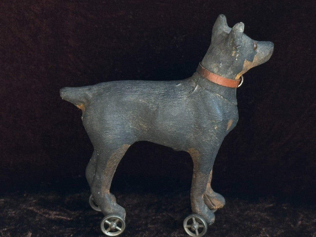 Antique German Papier-Mâché Doberman Pinscher Dog on Wheels Pull Toy