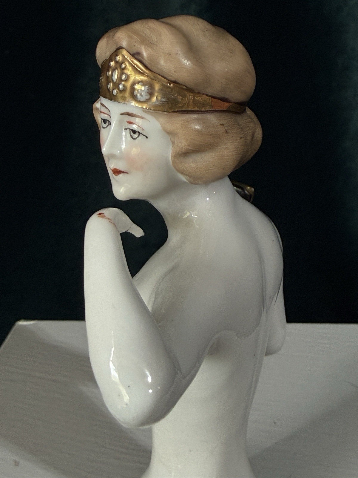 Antique German Art Deco Pin Cushion Half Doll Lady with Gold Hair Crown Band