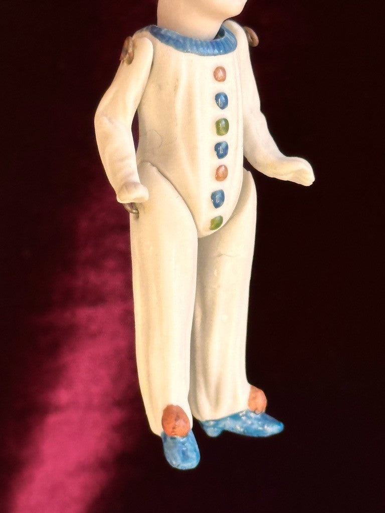 Antique German 4.375” Miniature All Bisque Jester Clown Dollhouse Doll