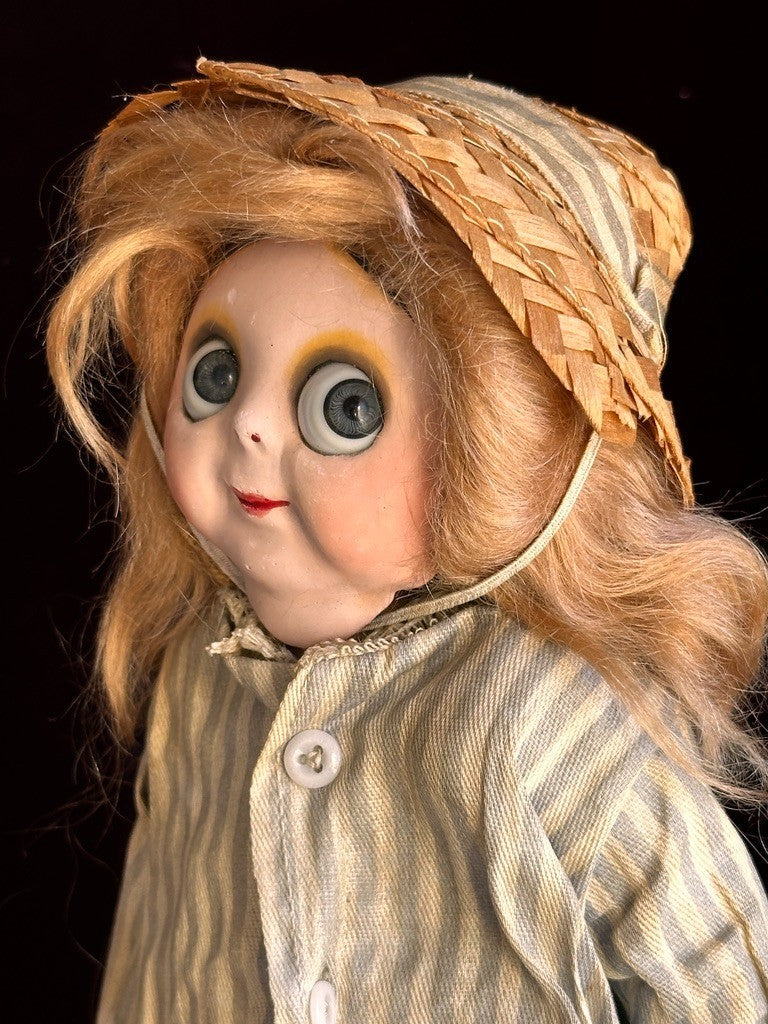 Antique German 9.5" Hug Me Kiddie Felt Composition Face Mask Googly Eyes Doll