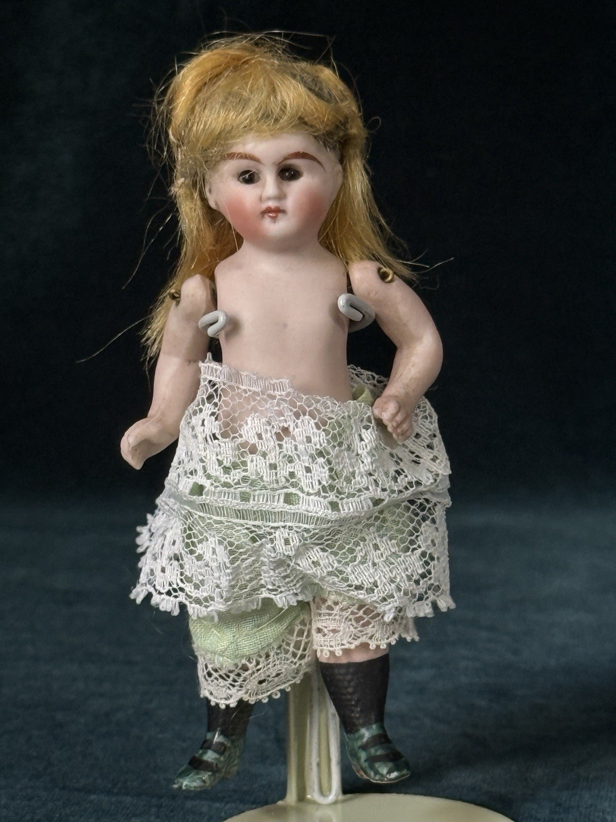 Antique German 4” All Bisque Mignonette Dollhouse Doll Unusual Green Boots