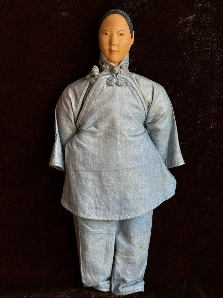 Antique Chinese 11.5" Door of Hope Mission Carved Wood Cloth Female Doll