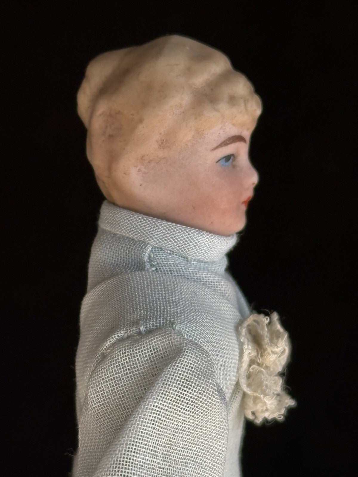 Antique German 5” Bisque Cloth Miniature Dollhouse Parian Doll with Bun