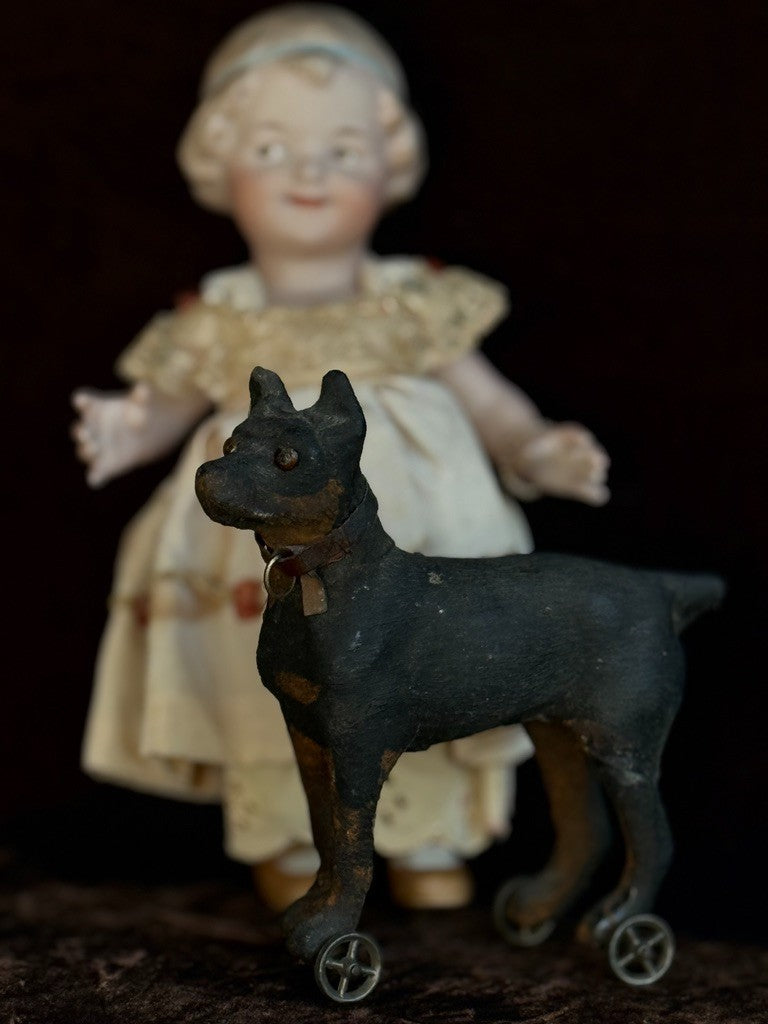 Antique German Papier-Mâché Doberman Pinscher Dog on Wheels Pull Toy
