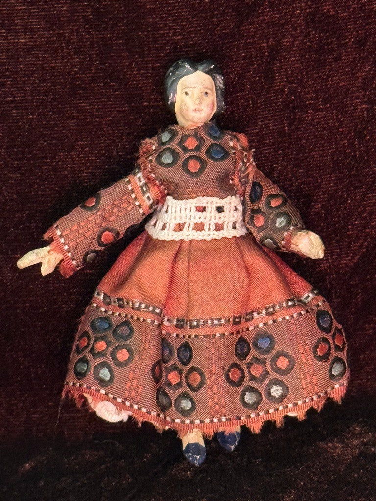 Rare Antique German 3” Grodnertal Peg Wooden Dollhouse Doll with Bun