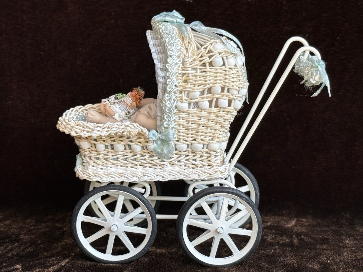 Lot of Miniature Dollhouse Buggy and Porcelain Baby Doll