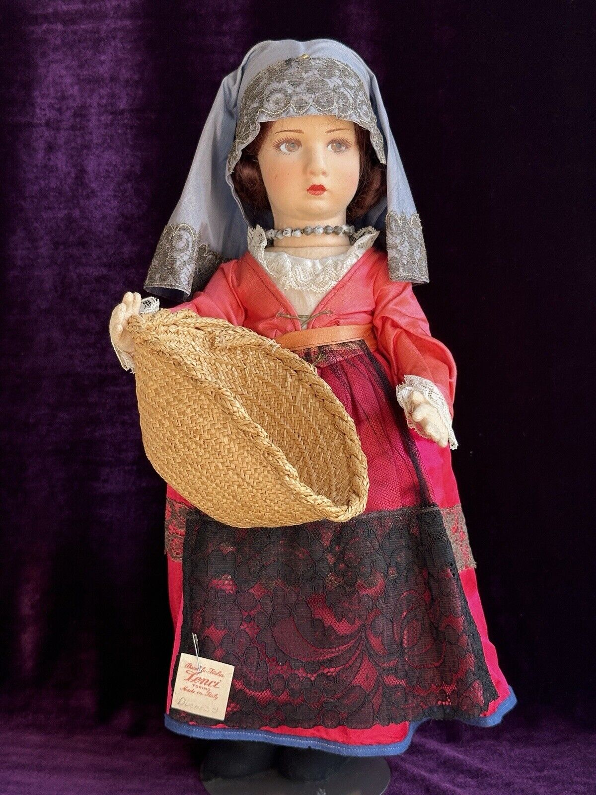 Vintage Italian 17” Lenci Felt Girl Doll in Traditional Outfit with Tag