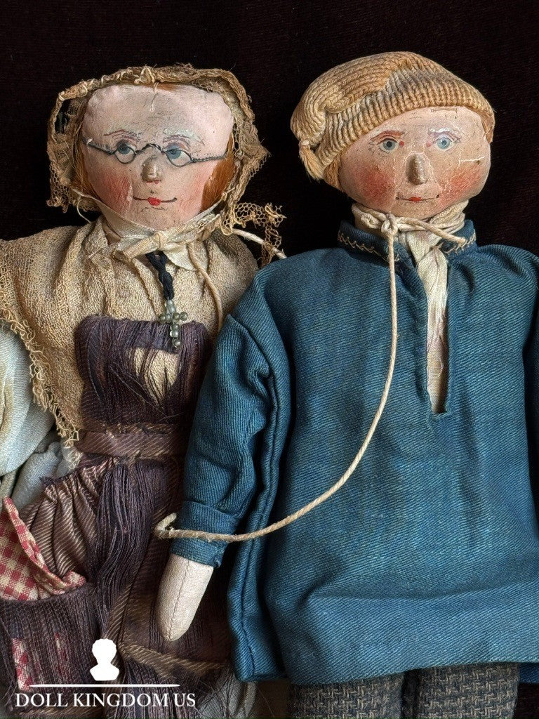 Lot of 2 Antique European Cabinet Size Handmade Folk Cloth Oil Painted Dolls