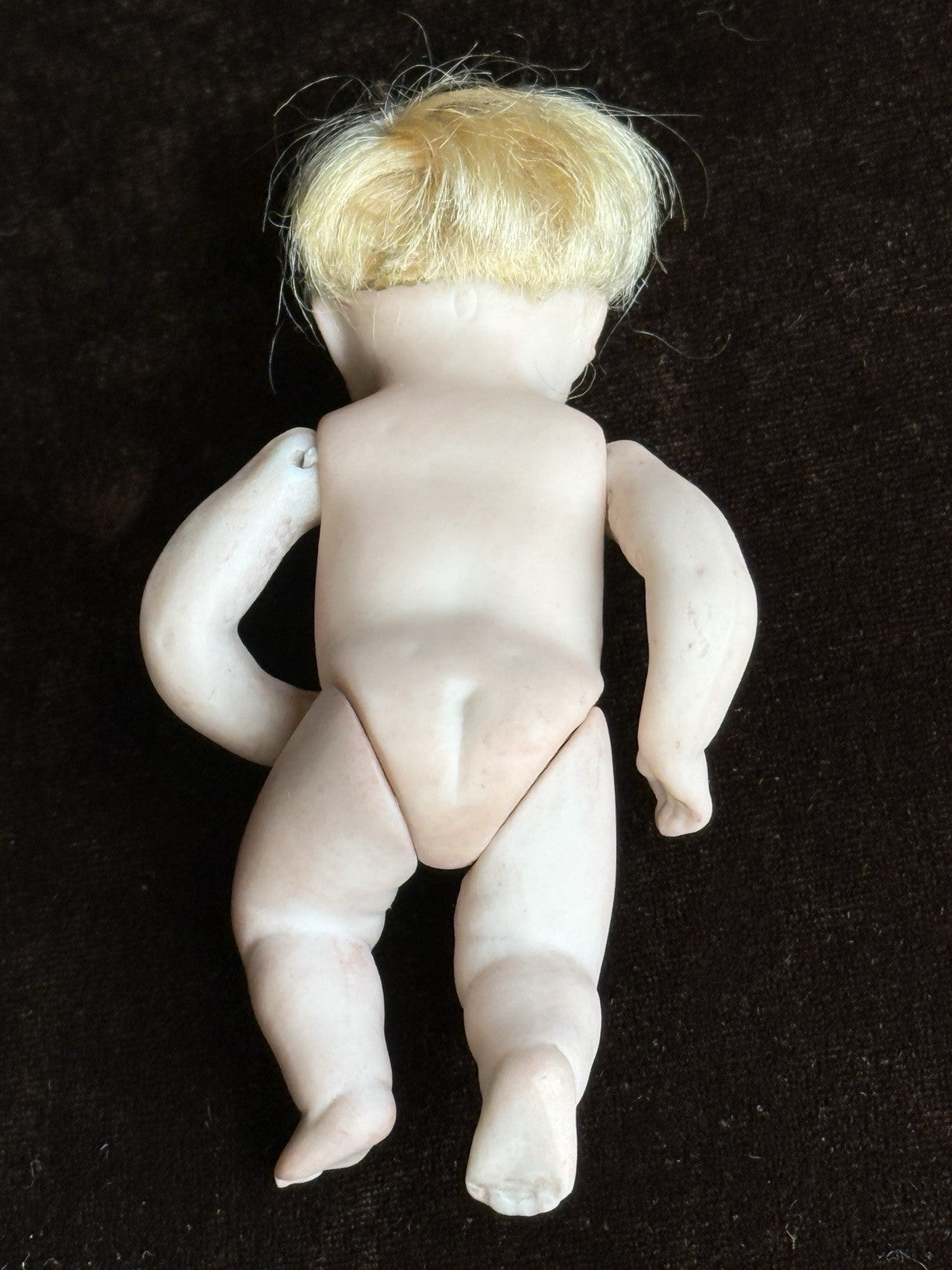 Antique German 3.75” Kestner All Bisque Baby Doll with Cradle and Bottle
