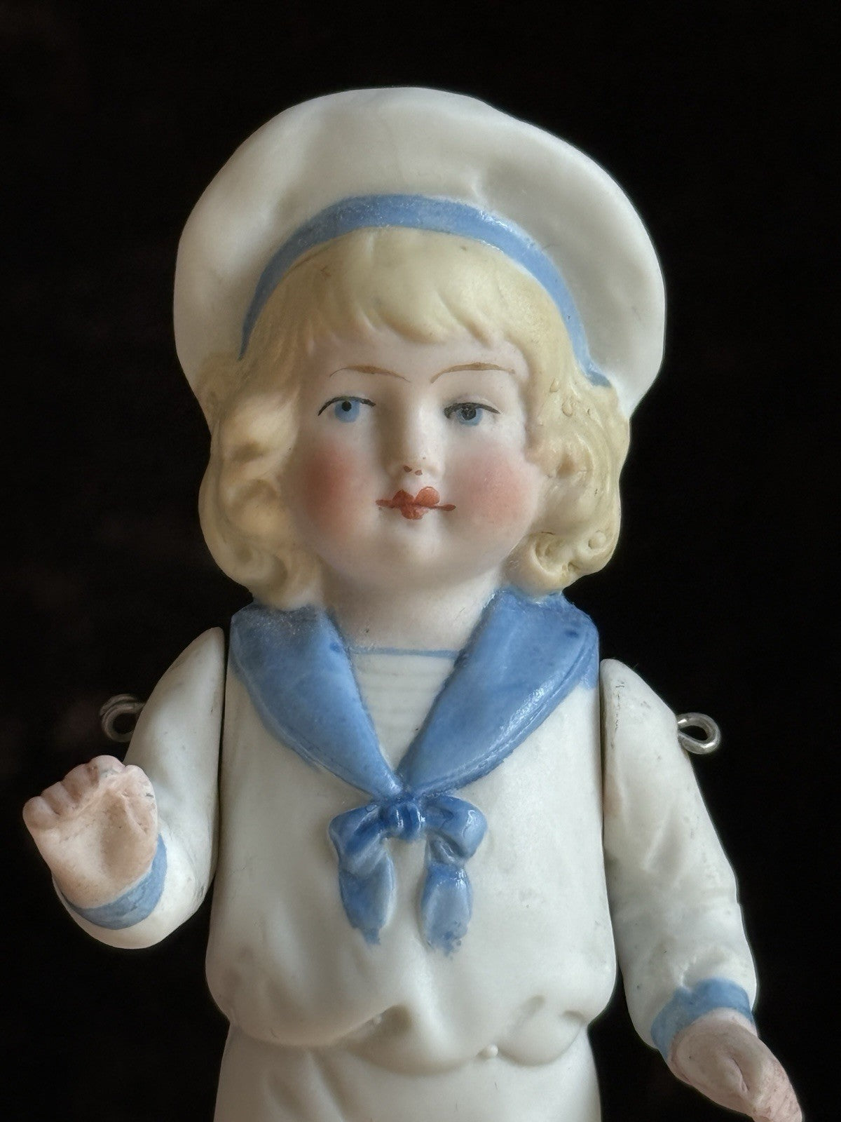 Antique German 4.25” All Bisque Miniature Dollhouse Doll Molded Sailor Outfit