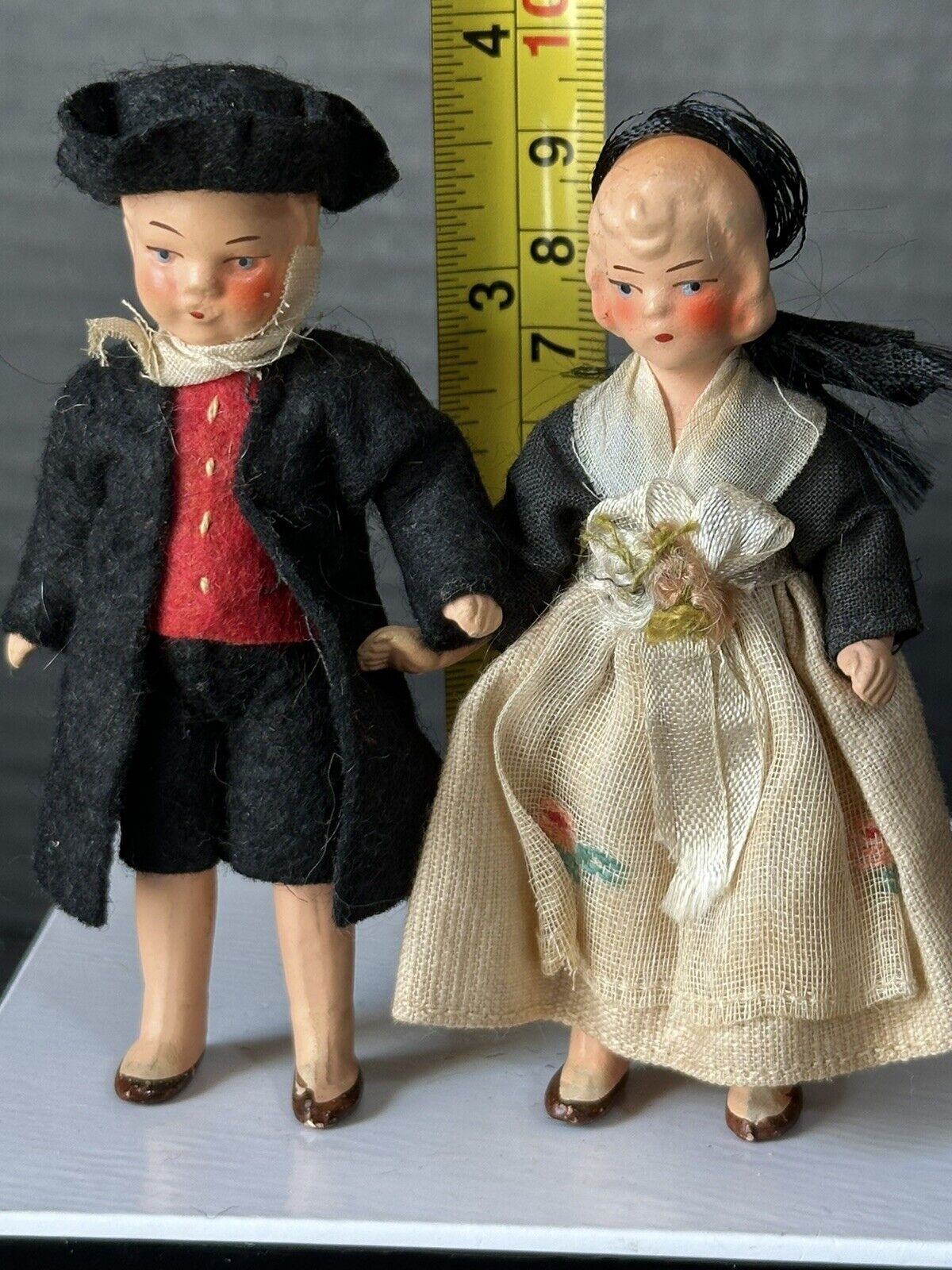 Pair of Antique German Hertwig  Miniature Dollhouse Boy and Girl 3 1/2” Dolls