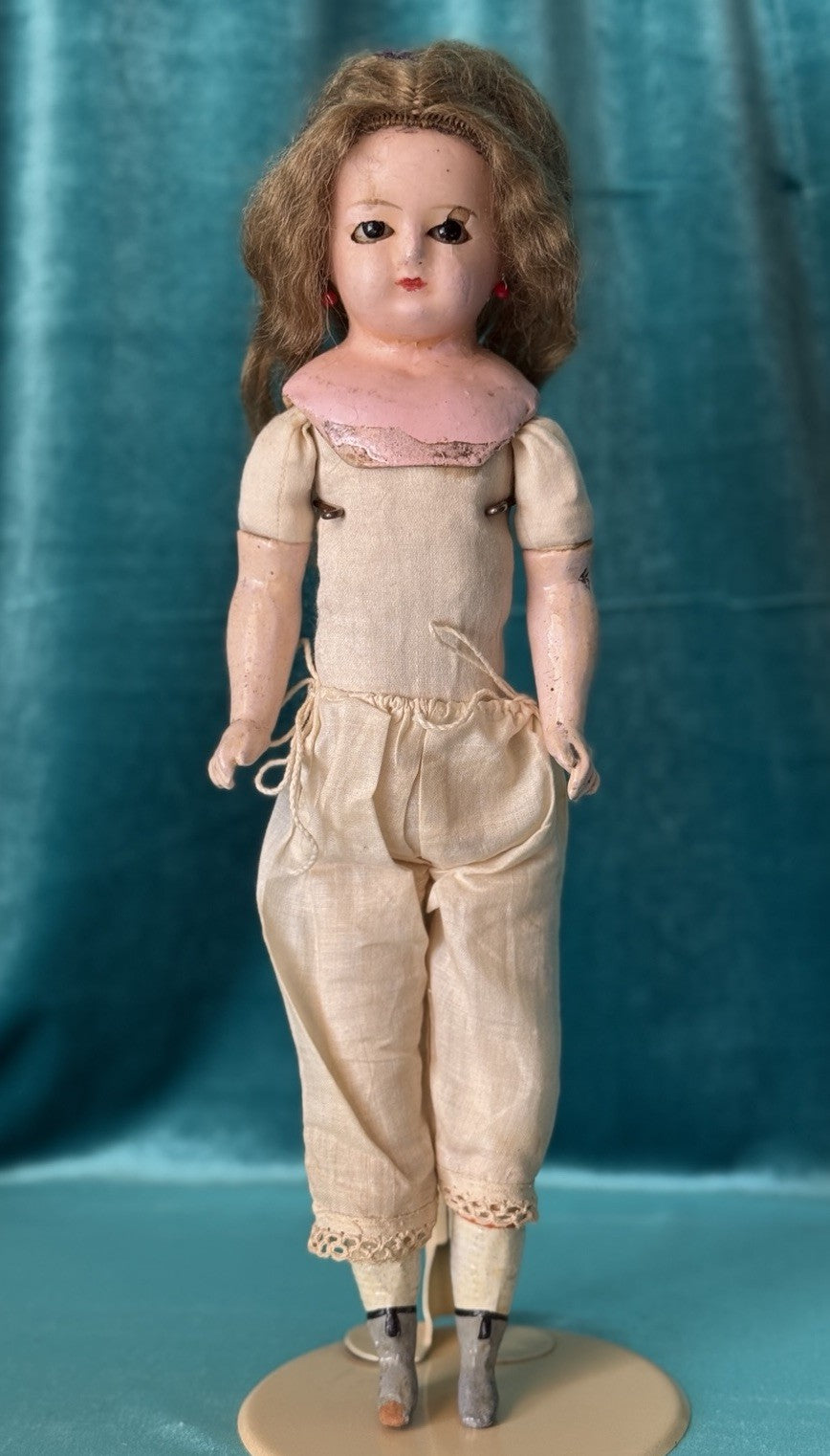 Antique German Wax Paper Mache 13” Doll with Glass Sleepy Eyes