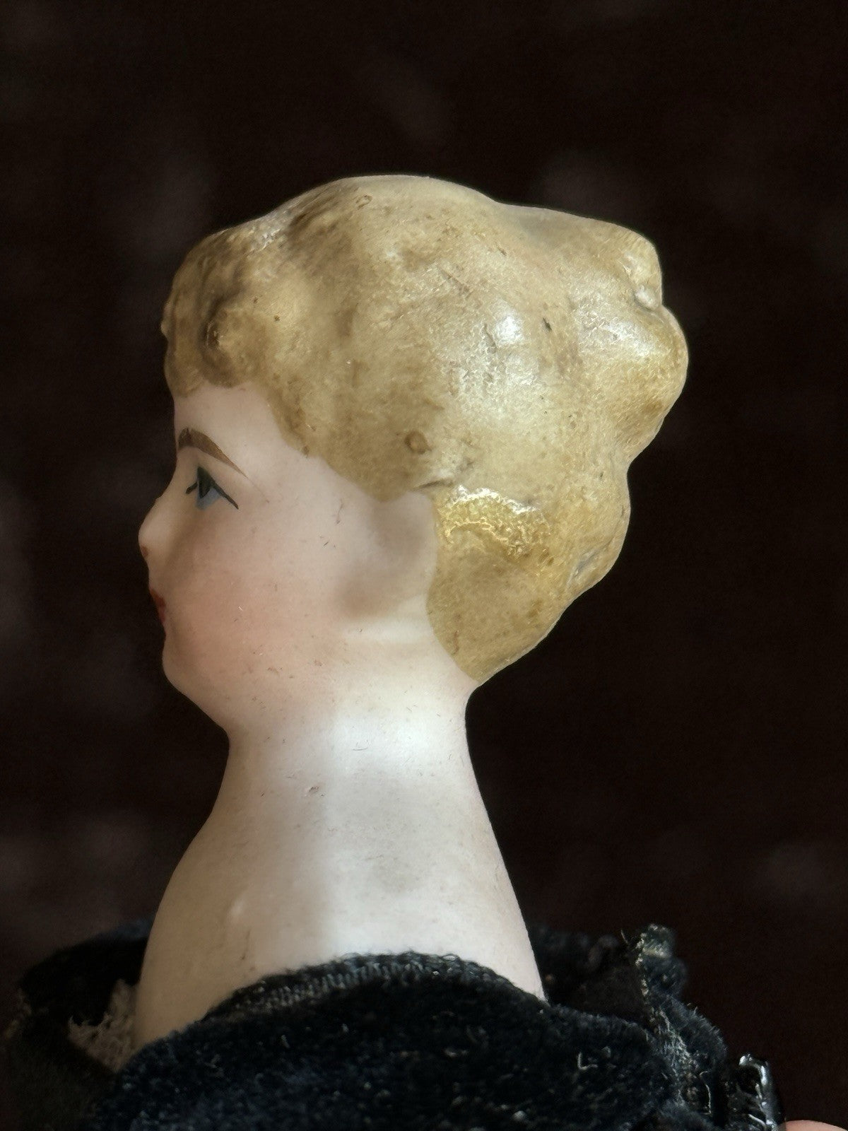 Antique German 5.875” Bisque Cloth Miniature Dollhouse Parian Doll with Bun