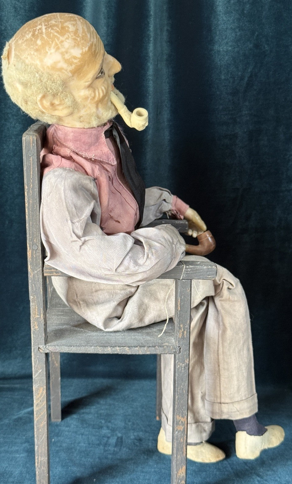 Unidentified Antique (?) Wax Doll Old Men In The Wooden Chair Smoking Pipe
