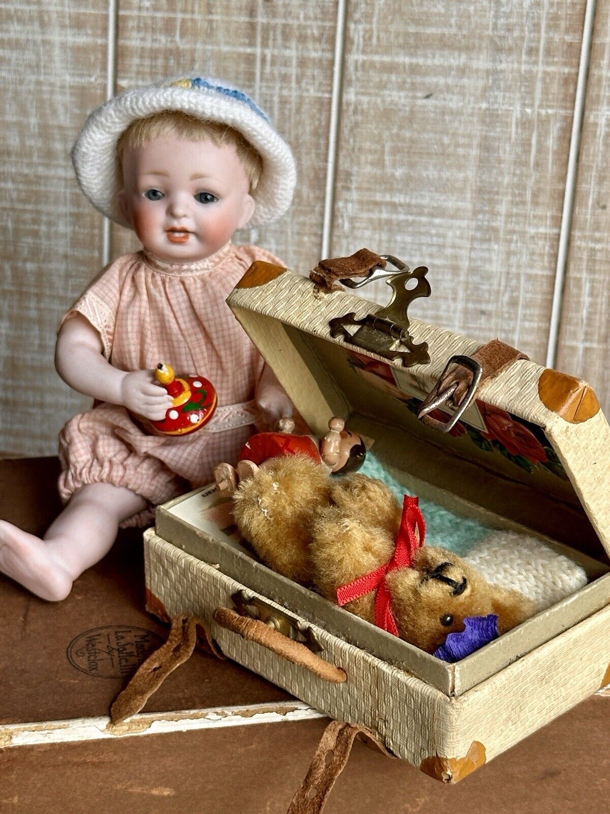 Rare Antique German All Bisque 6.75" Kestner 178 Miniature Toddler Doll + Extras