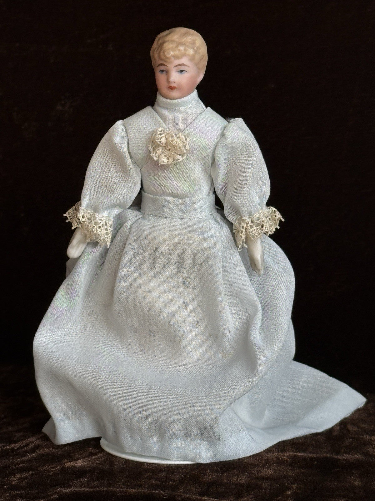 Antique German 5” Bisque Cloth Miniature Dollhouse Parian Doll with Bun