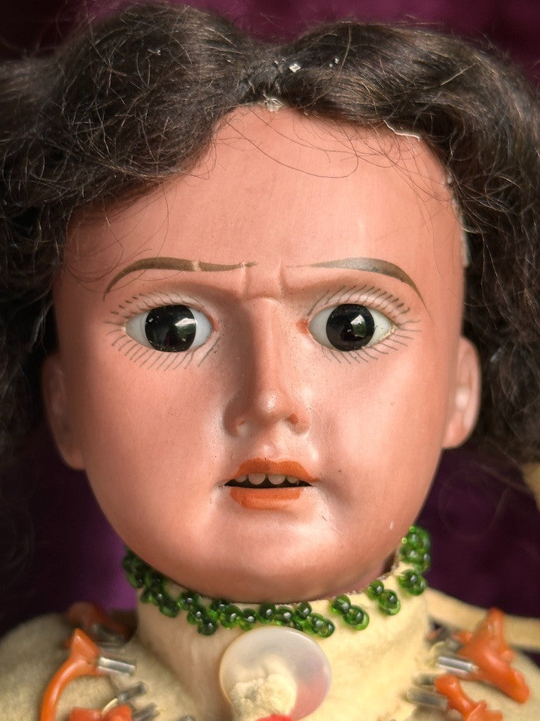 Rare Large Antique German 13” Native American Indian Bisque Head Doll Cloth Body