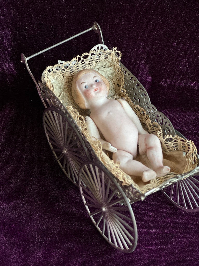 Antique German Miniature All Bisque Limbach 9307 Googly Eye Doll in Carriage