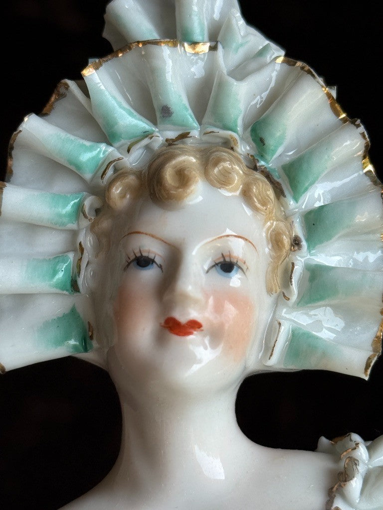 Vintage Japan (?) Cabinet Size 11.75” Dresden Style Molded Lace China Bust Doll