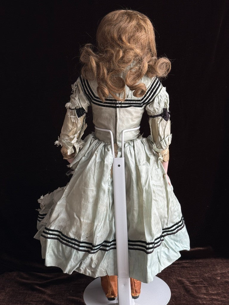 Antique German 23” Early Kestner Turned Bisque Shoulder Head Leather Body Doll