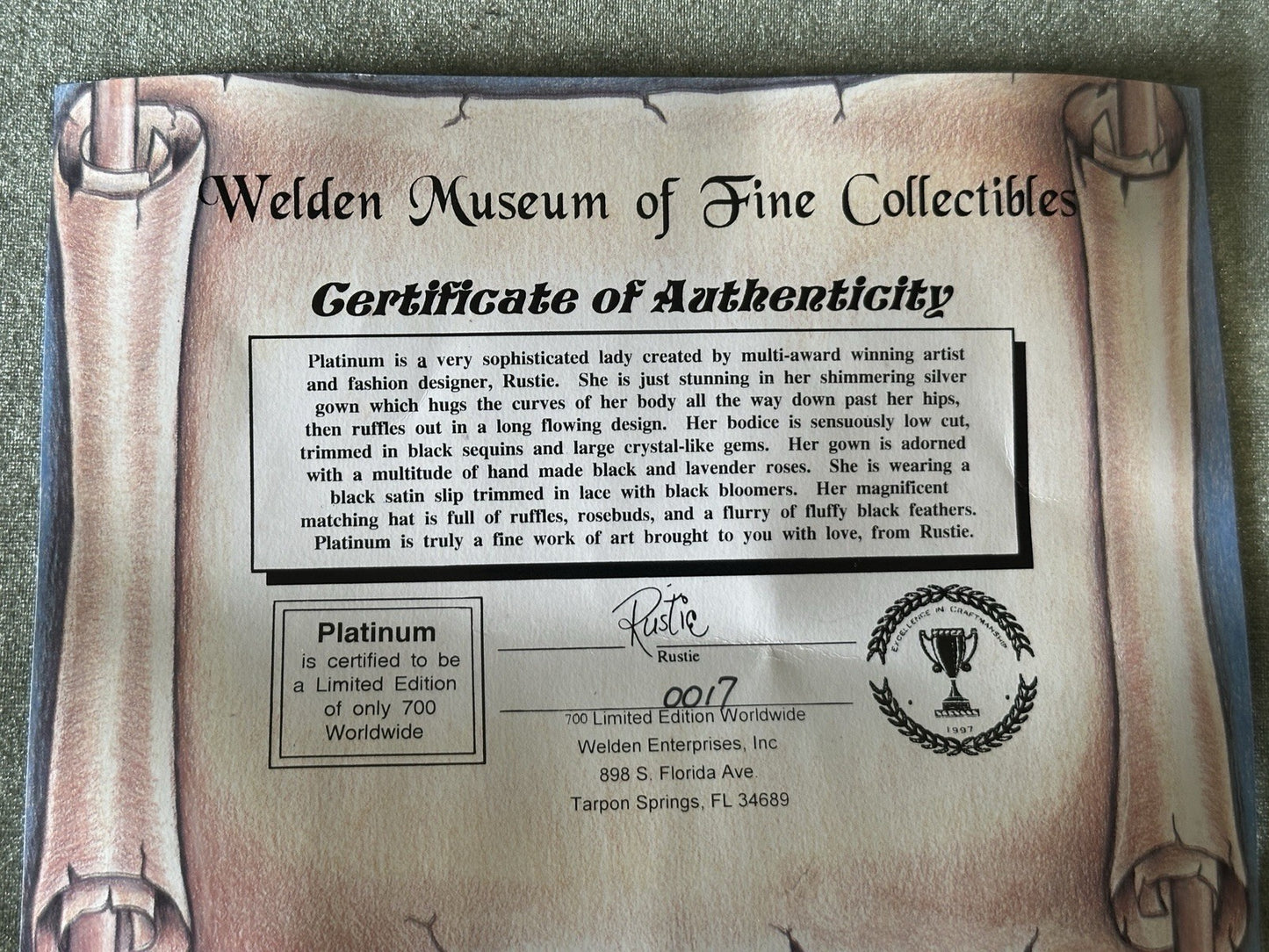 Collectible Large 42” Porcelain Doll “Platinum” by Rustie LE 700 COA/Stand