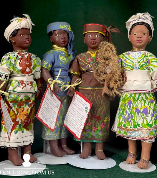 Lot Of 4 Hand painted Wooden/resin Collectible Dolls With Handmade Clothes