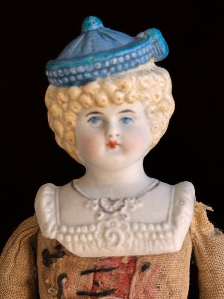 Antique German Hertwig Cabinet Size 8” Bisque Molded Shoulder Plate and Hat Doll