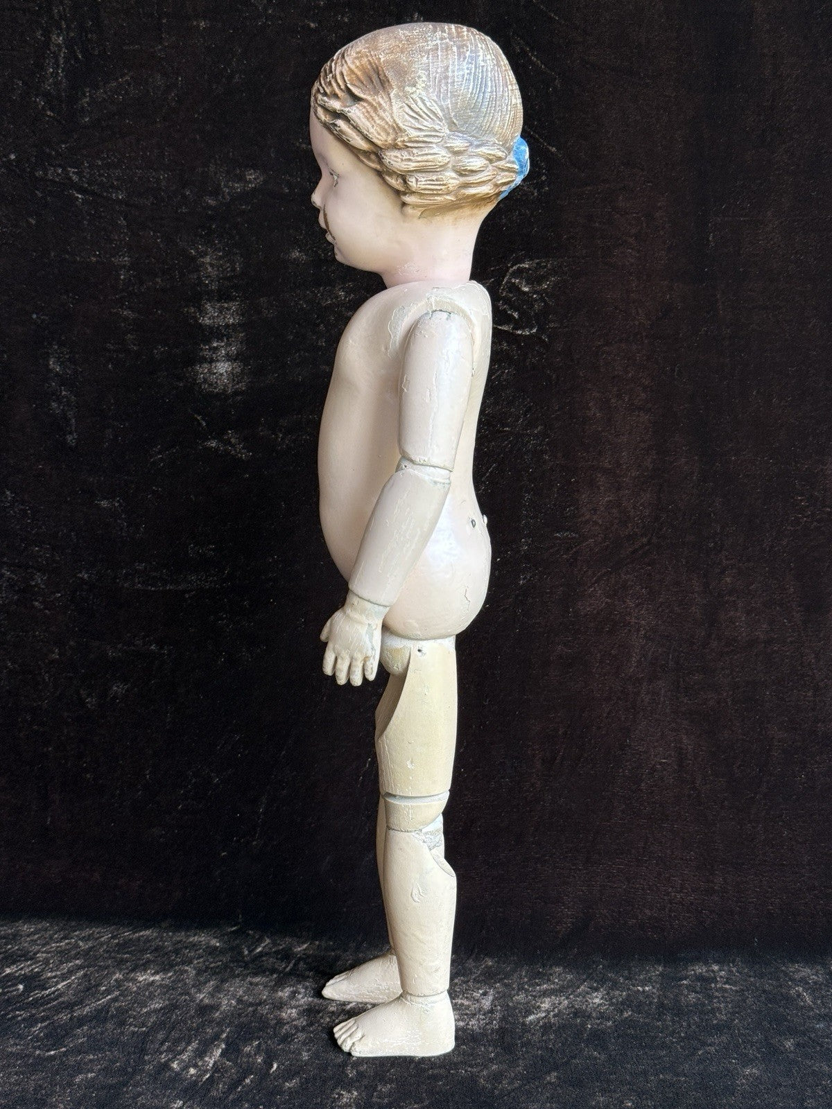 Antique American 16.5” Schoenhut 102 Series Wooden Doll Carved Braided Hair Bow