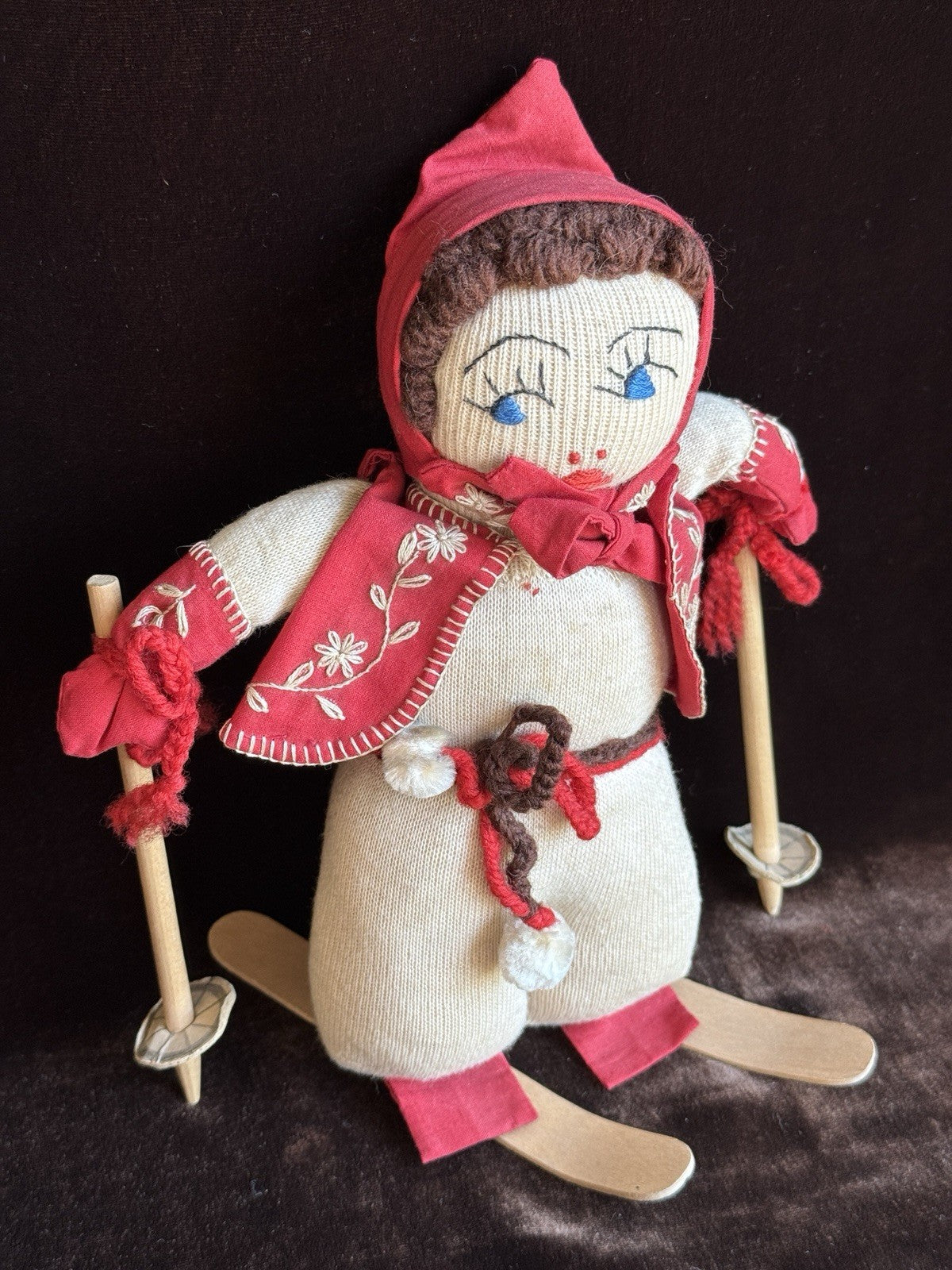 Lot of 2 Vintage Stockinette Knitted Embroidered Cloth Dolls