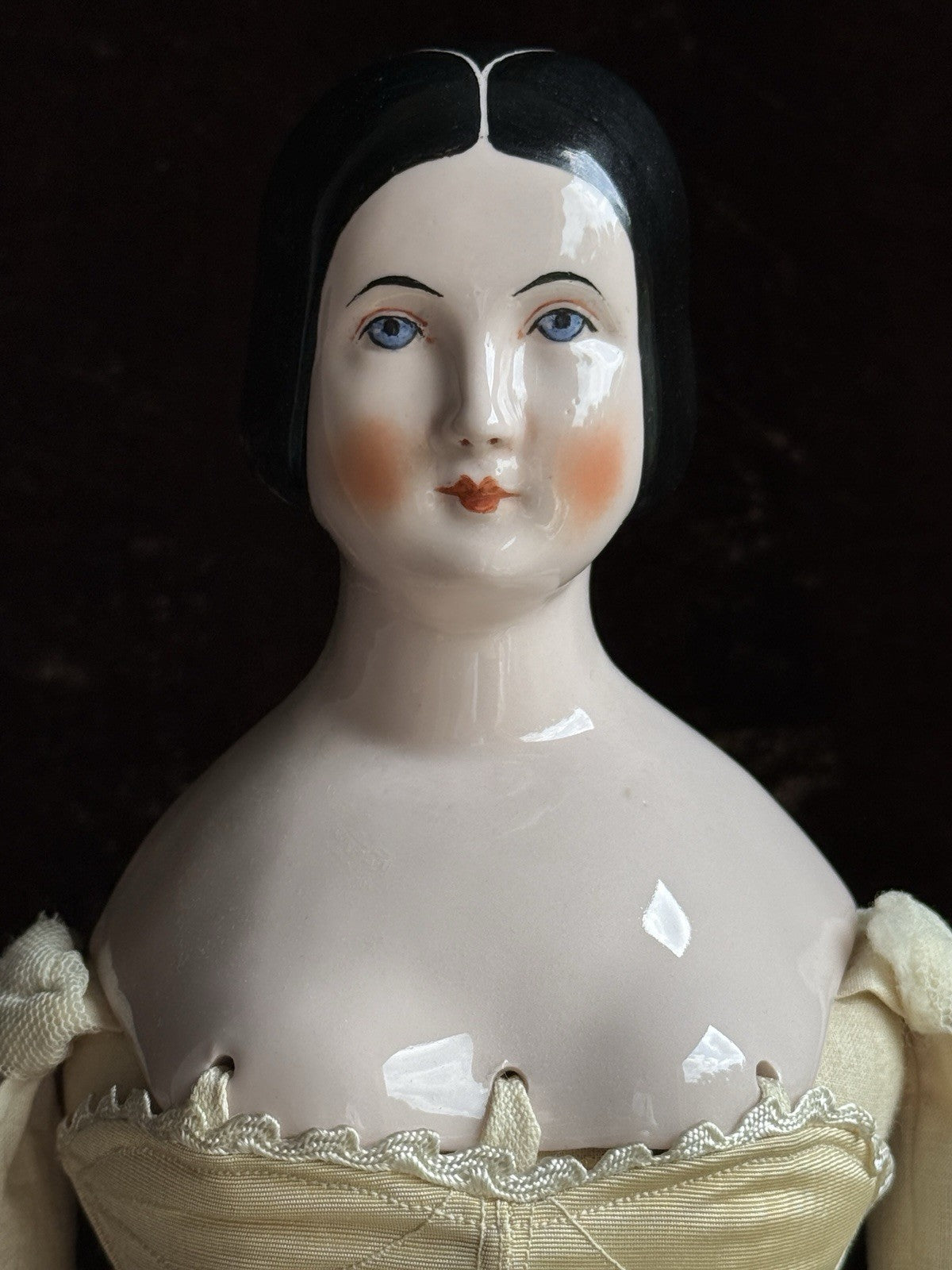 Vintage 16.5” Emma Clear Fanny Elssler China Head Doll with Molded Bun