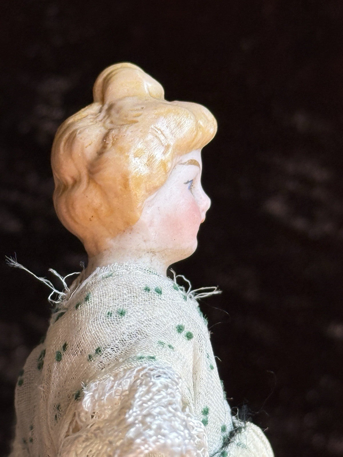 Antique German 5.5” Bisque Cloth Miniature Dollhouse Parian Doll with Bun