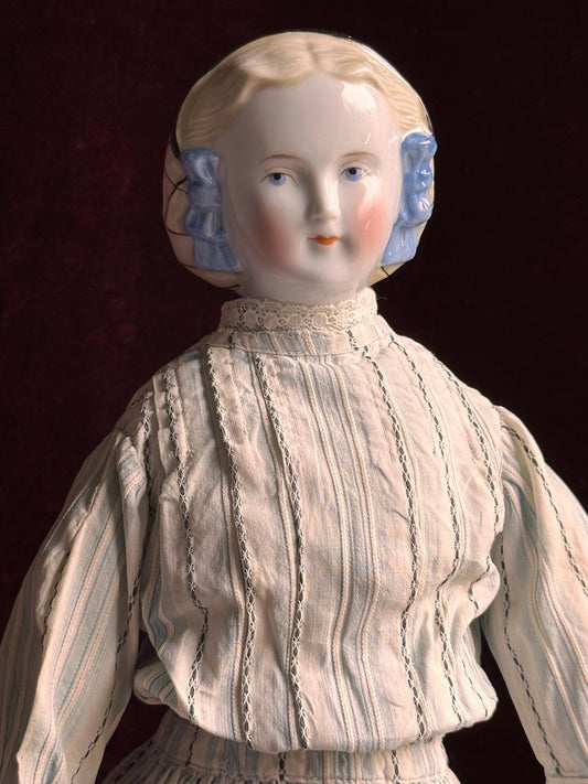 Rare Antique German 17.5” Molded Snood Blue Bows China Shoulder Head Doll