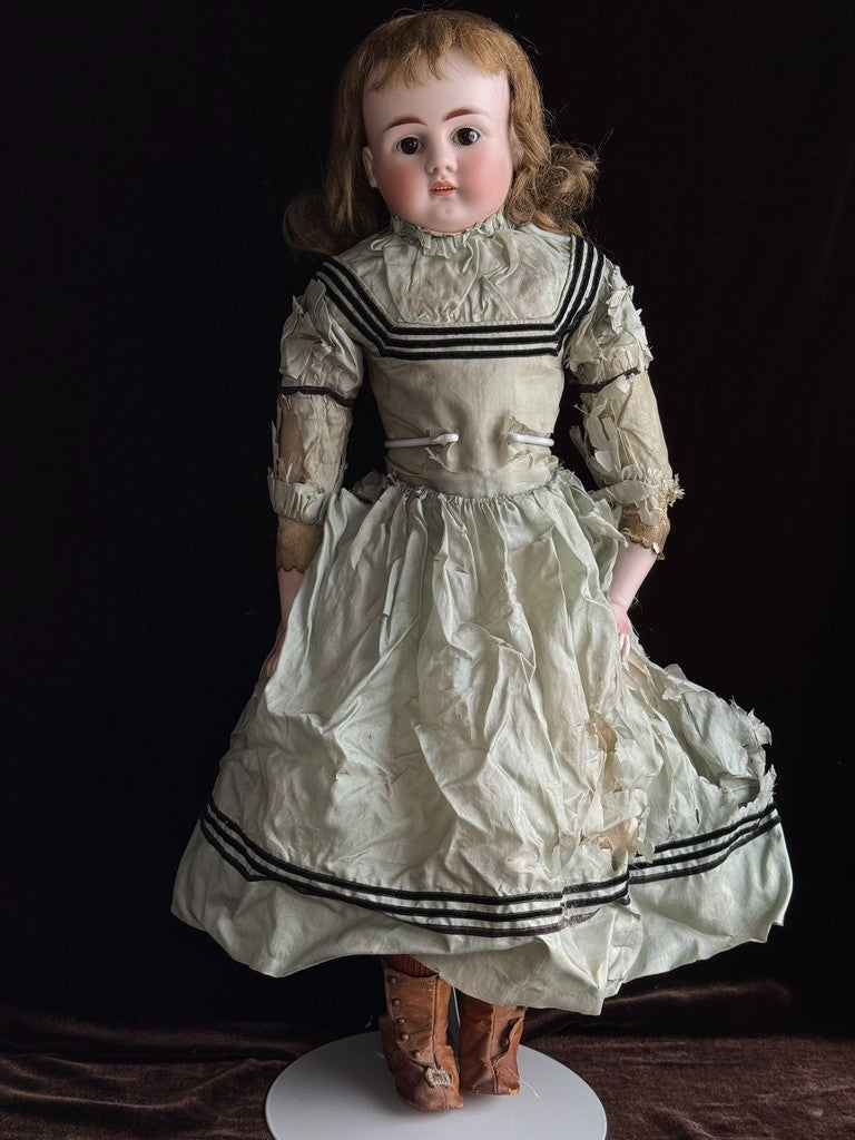 Antique German 23” Early Kestner Turned Bisque Shoulder Head Leather Body Doll