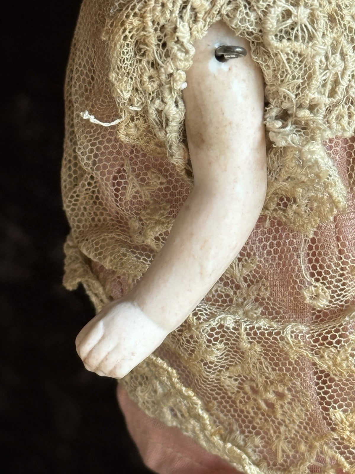 Antique German 7" Hertwig All Bisque Molded Hat Girl Doll