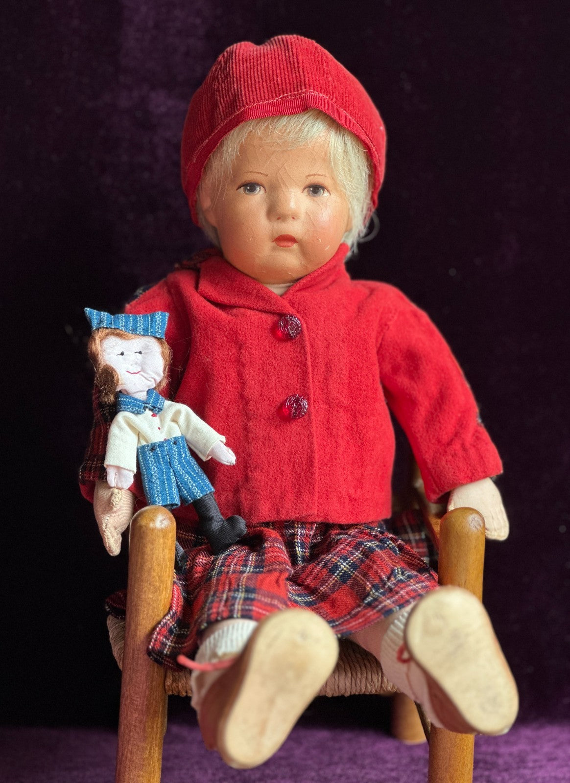Antique German 14.” Early Kathe Kruse Hampelchen Cloth Doll Human Hair Wig