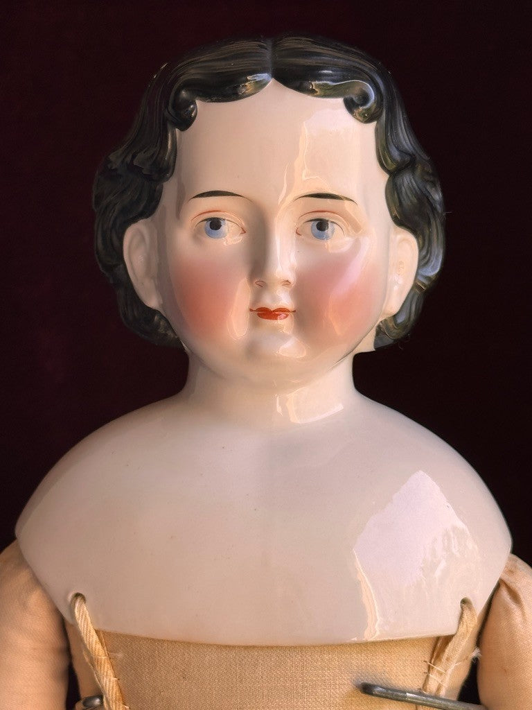Large Antique German 23" Greiner Style Exposed Ears China Head Doll