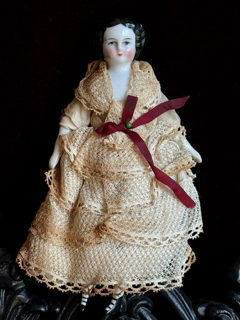 Antique German 5.75” Bisque Cloth Miniature Dollhouse Highbrow China Doll