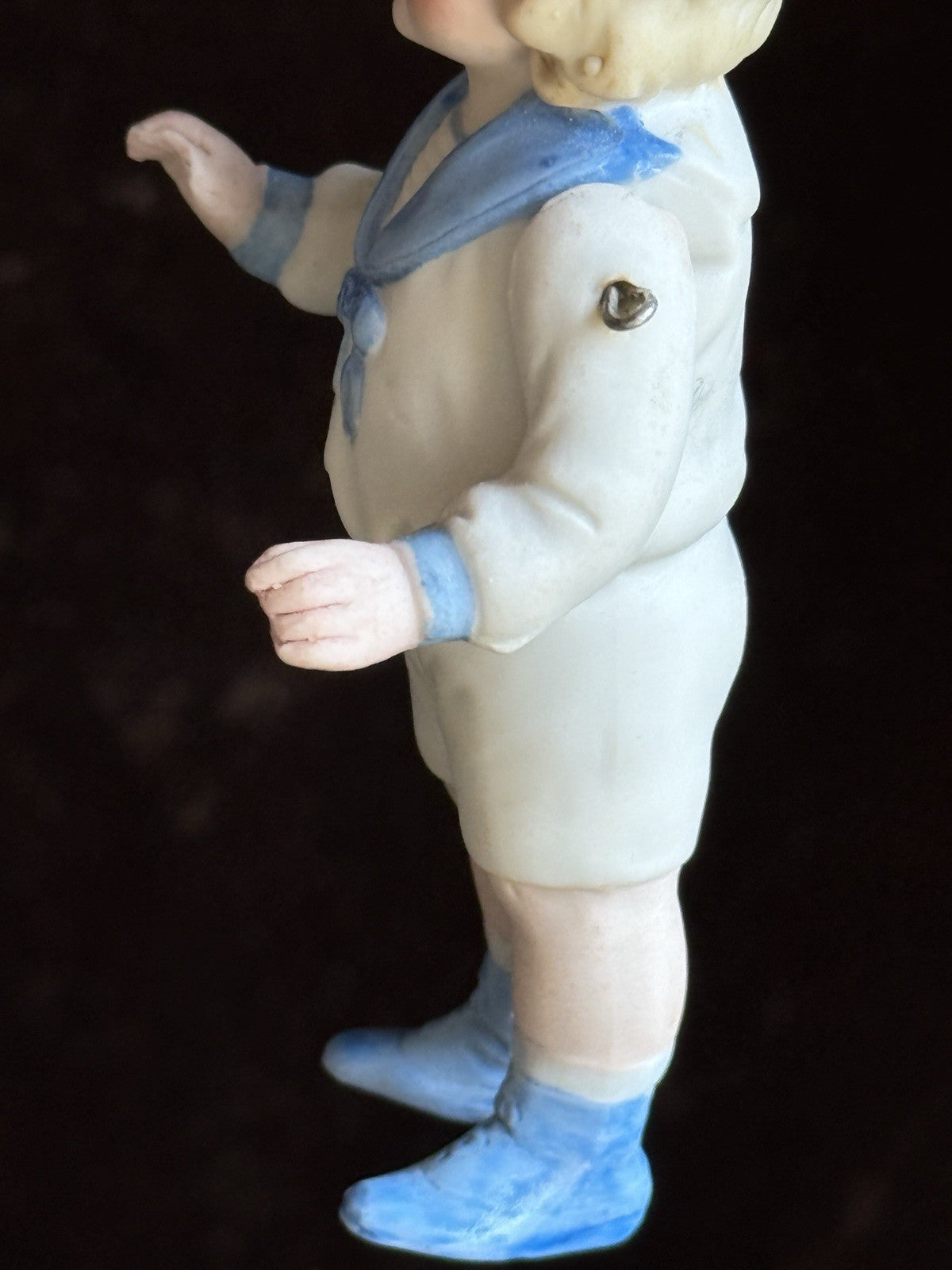 Antique German 4.25” All Bisque Miniature Dollhouse Doll Molded Sailor Outfit